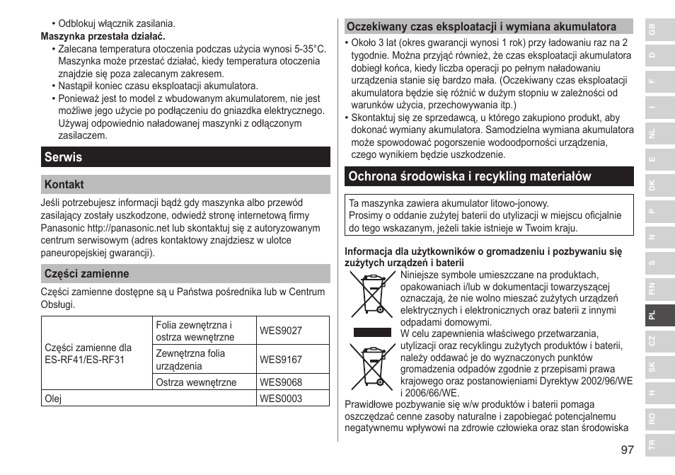 Serwis, Ochrona środowiska i recykling materiałów | Panasonic ESRF31 User Manual | Page 97 / 142