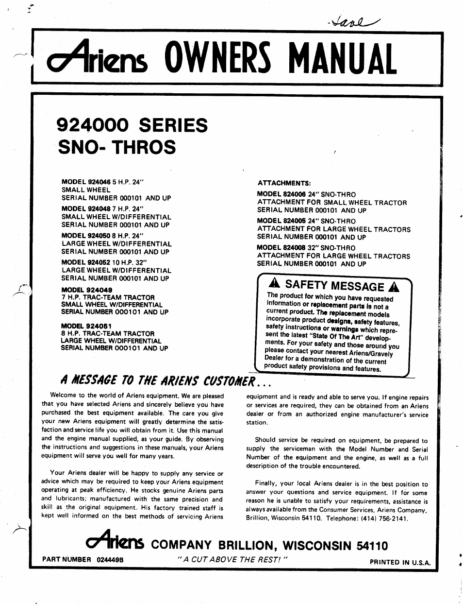 Ariens Sno-Thros 924000 Series User Manual | 16 pages