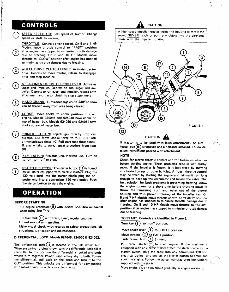 Controls, Operation | Ariens Sno-Thros 924000 Series User Manual | Page 4 / 16