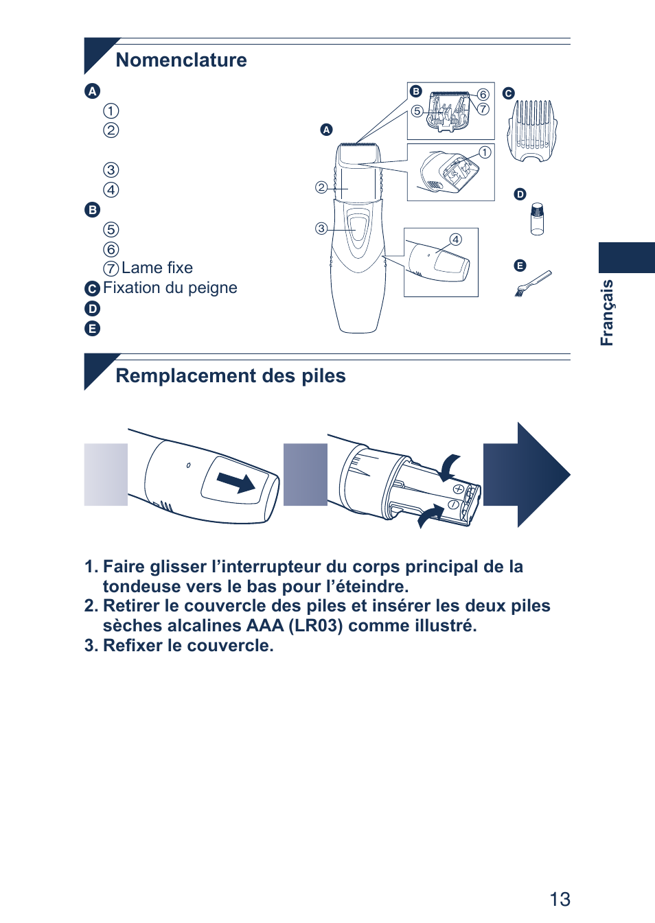 13 nomenclature, Remplacement des piles | Panasonic ER2403 User Manual | Page 13 / 104