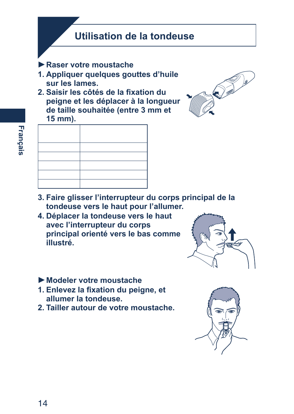 Utilisation, Utilisation de la tondeuse | Panasonic ER2403 User Manual | Page 14 / 104