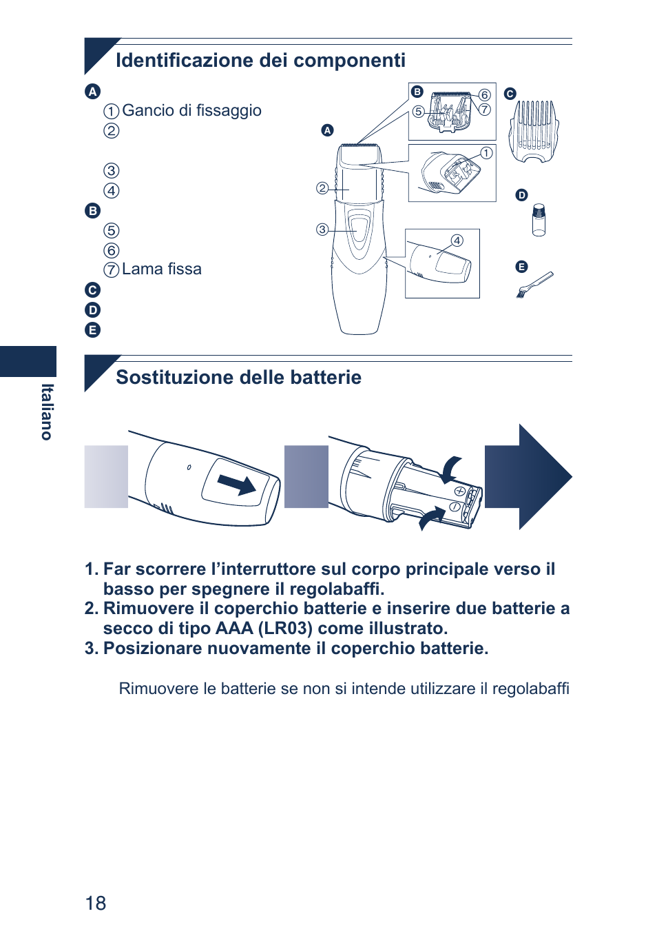 Identificazione dei componenti, Sostituzione delle batterie | Panasonic ER2403 User Manual | Page 18 / 104