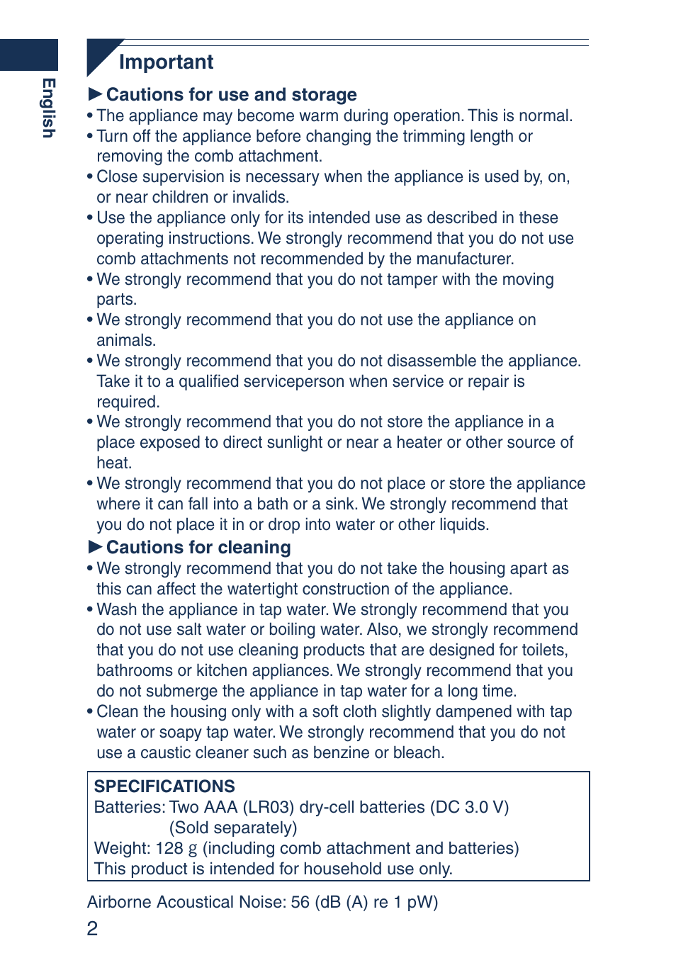 Important | Panasonic ER2403 User Manual | Page 2 / 104