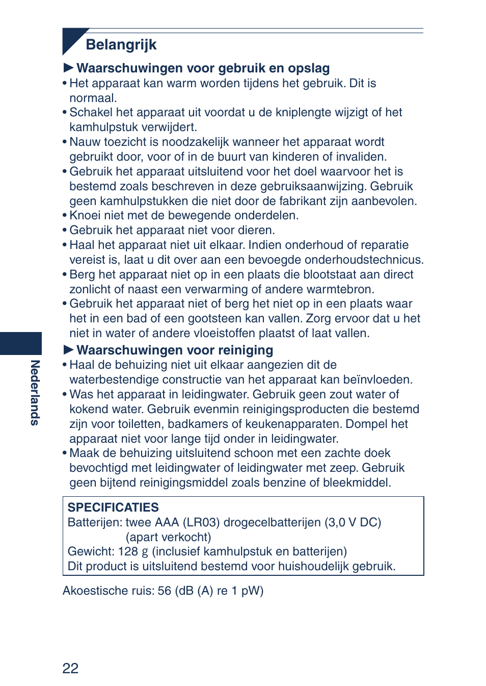Belangrijk | Panasonic ER2403 User Manual | Page 22 / 104