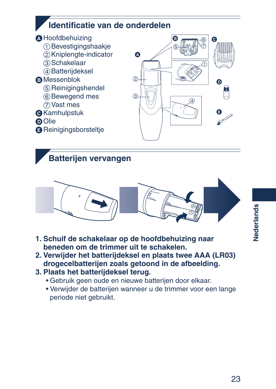 23 identificatie van de onderdelen, Batterijen vervangen | Panasonic ER2403 User Manual | Page 23 / 104