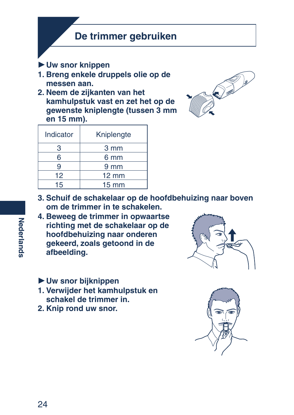 Gebruik, De trimmer gebruiken | Panasonic ER2403 User Manual | Page 24 / 104