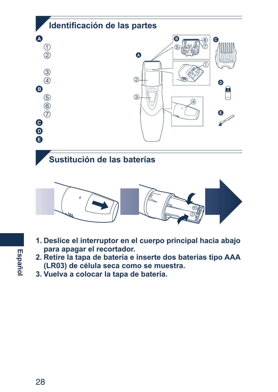 Identificación de las partes, Sustitución de las baterías | Panasonic ER2403 User Manual | Page 28 / 104