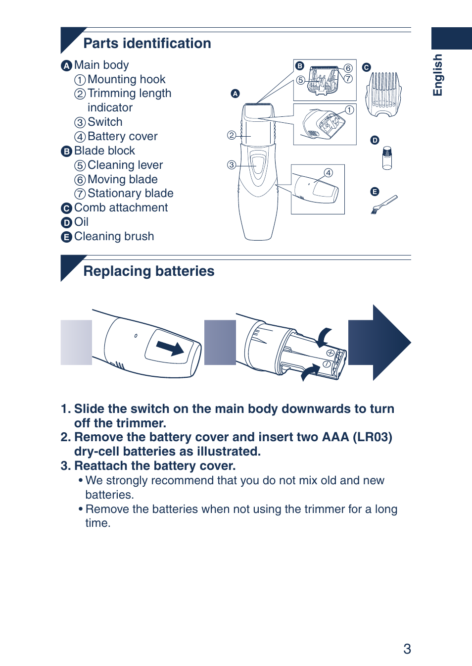 3 parts identification, Replacing batteries | Panasonic ER2403 User Manual | Page 3 / 104