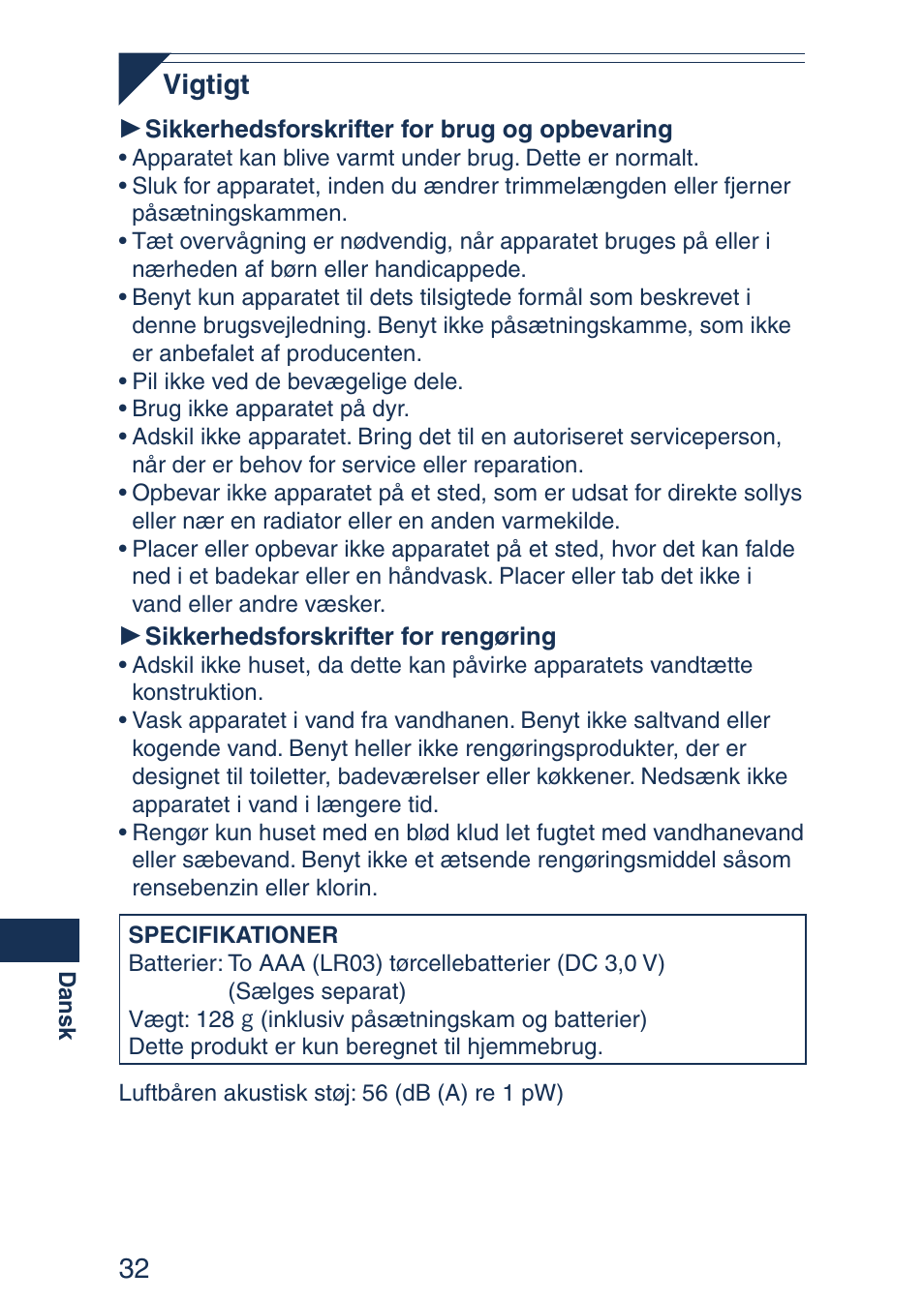 Vigtigt | Panasonic ER2403 User Manual | Page 32 / 104