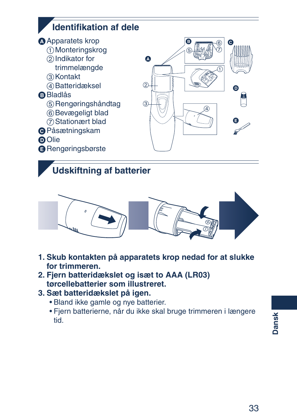 33 identifikation af dele, Udskiftning af batterier | Panasonic ER2403 User Manual | Page 33 / 104