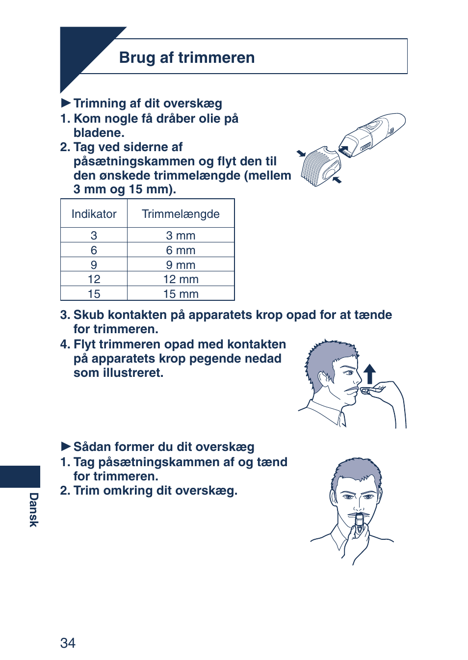 Brug, Brug af trimmeren | Panasonic ER2403 User Manual | Page 34 / 104