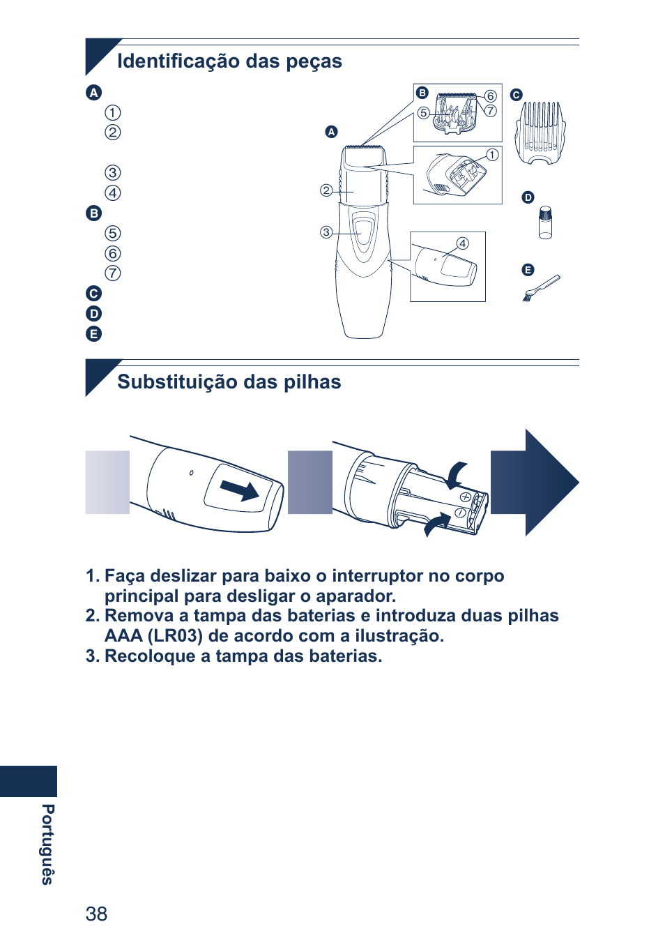 Identificação das peças, Substituição das pilhas | Panasonic ER2403 User Manual | Page 38 / 104