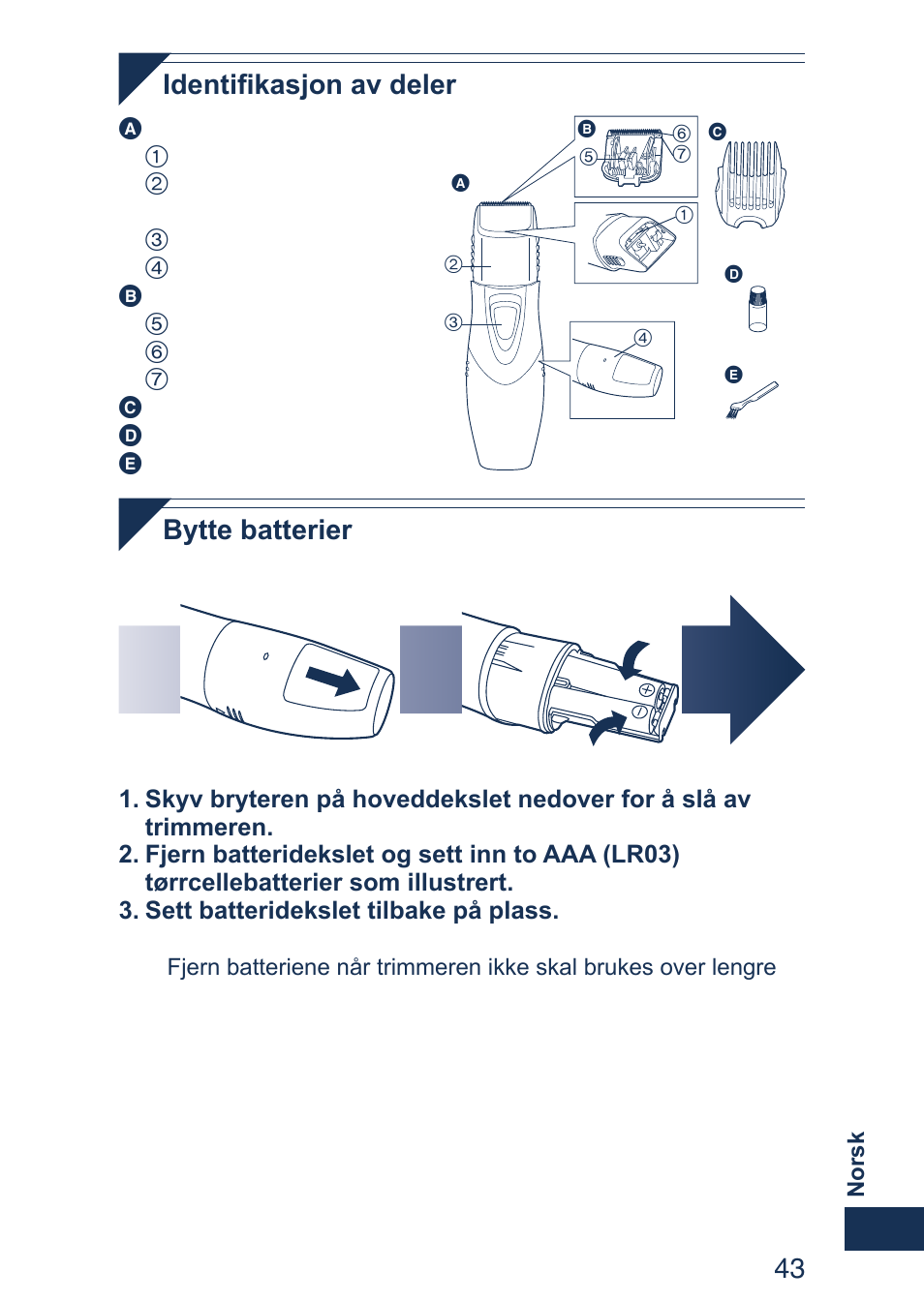 43 identifikasjon av deler, Bytte batterier | Panasonic ER2403 User Manual | Page 43 / 104