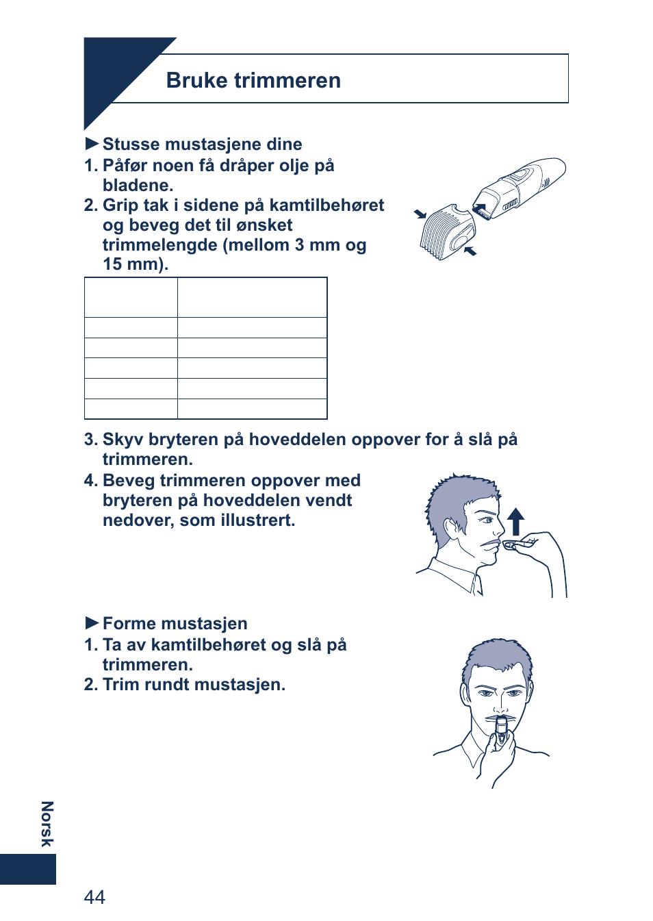 Bruk, Bruke trimmeren | Panasonic ER2403 User Manual | Page 44 / 104