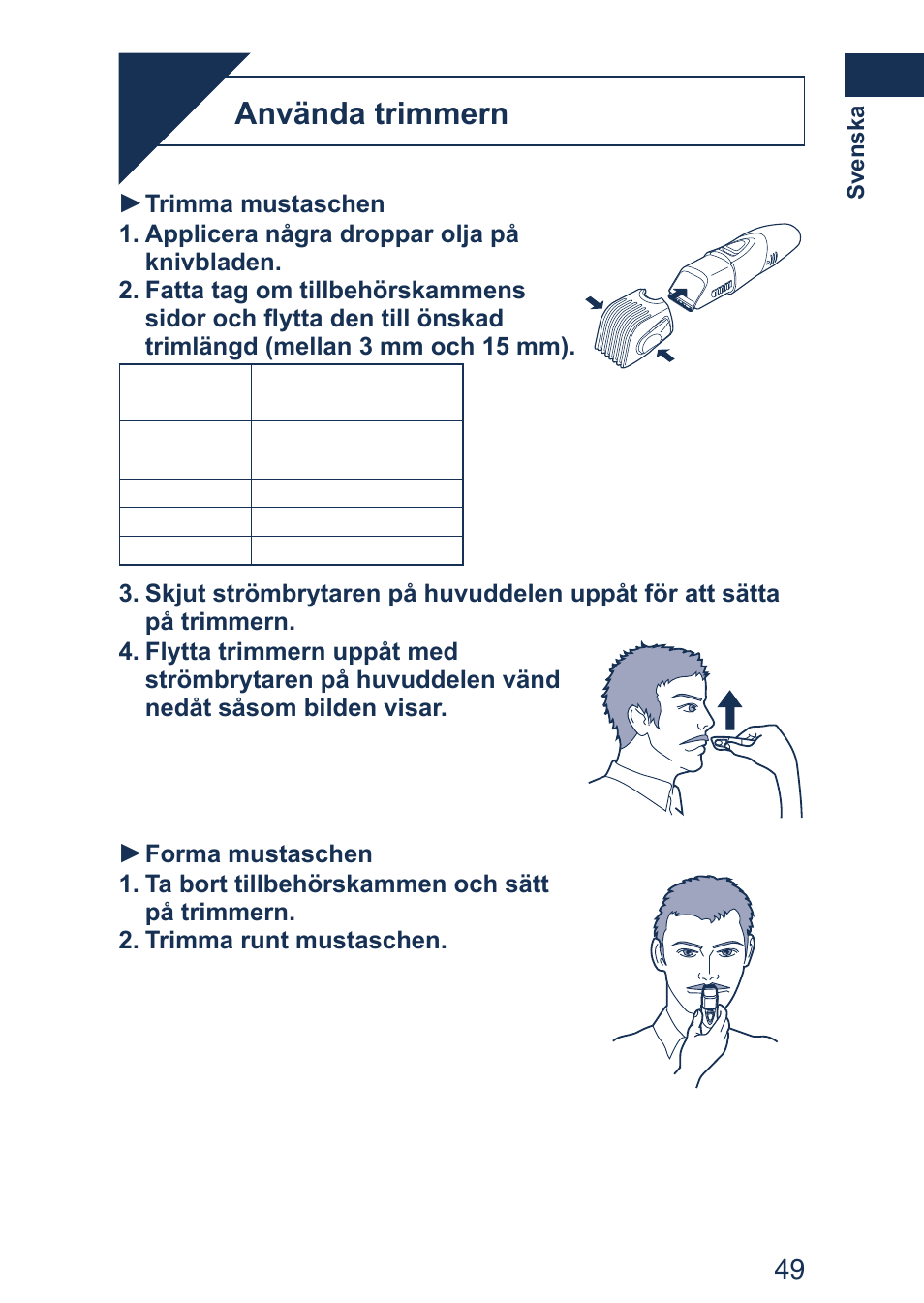 Användning, Använda trimmern | Panasonic ER2403 User Manual | Page 49 / 104