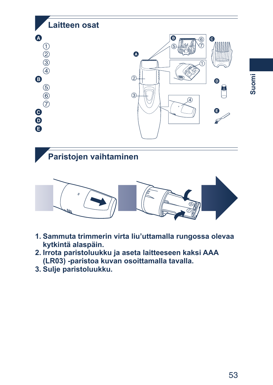 53 laitteen osat, Paristojen vaihtaminen | Panasonic ER2403 User Manual | Page 53 / 104