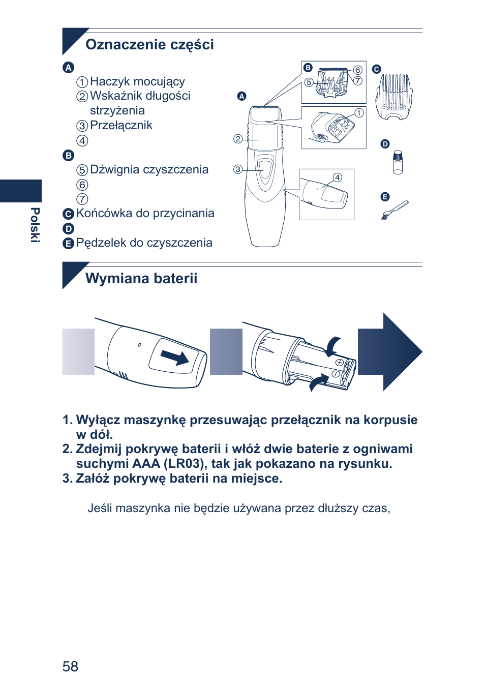 Oznaczenie części, Wymiana baterii | Panasonic ER2403 User Manual | Page 58 / 104