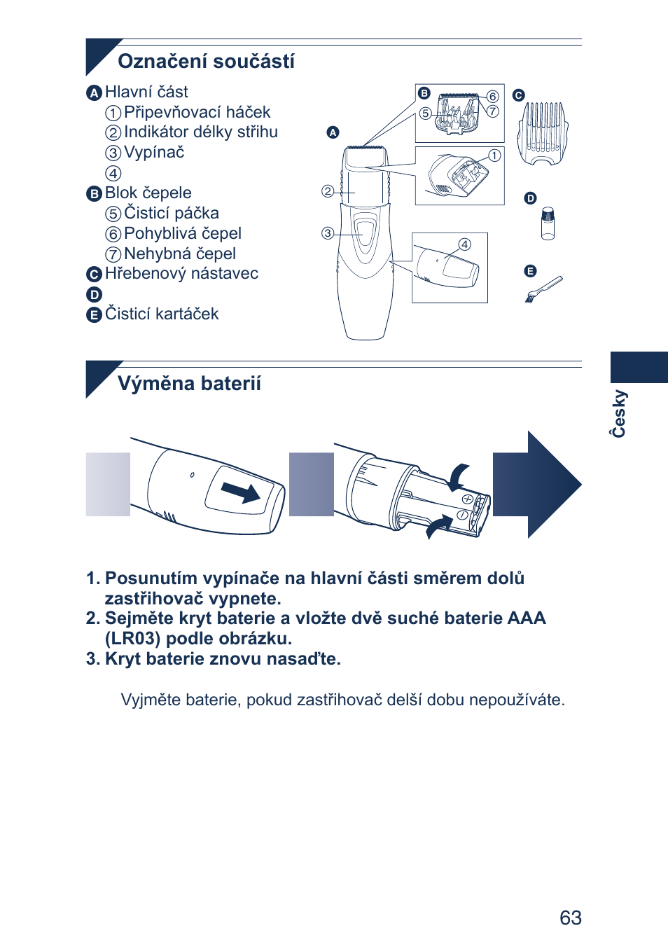 63 označení součástí, Výměna baterií | Panasonic ER2403 User Manual | Page 63 / 104