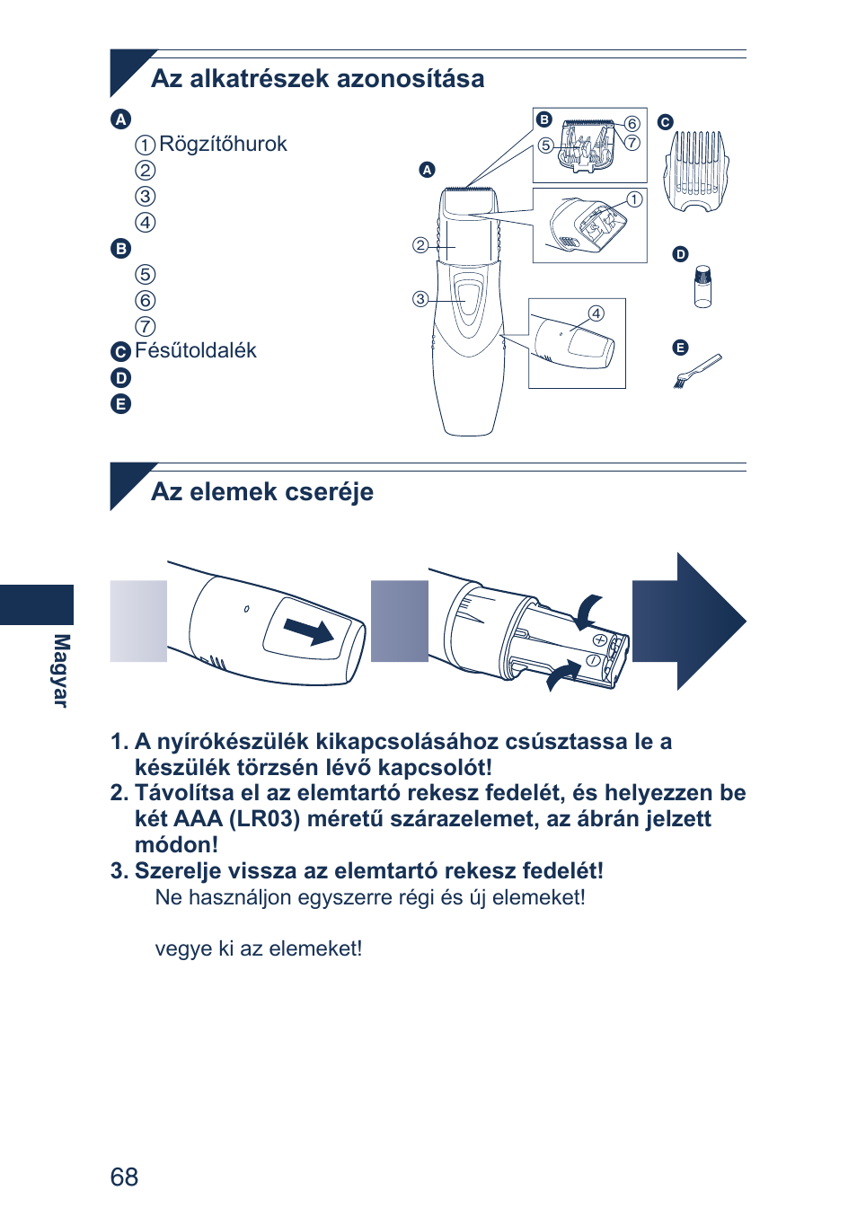 Az alkatrészek azonosítása, Az elemek cseréje | Panasonic ER2403 User Manual | Page 68 / 104