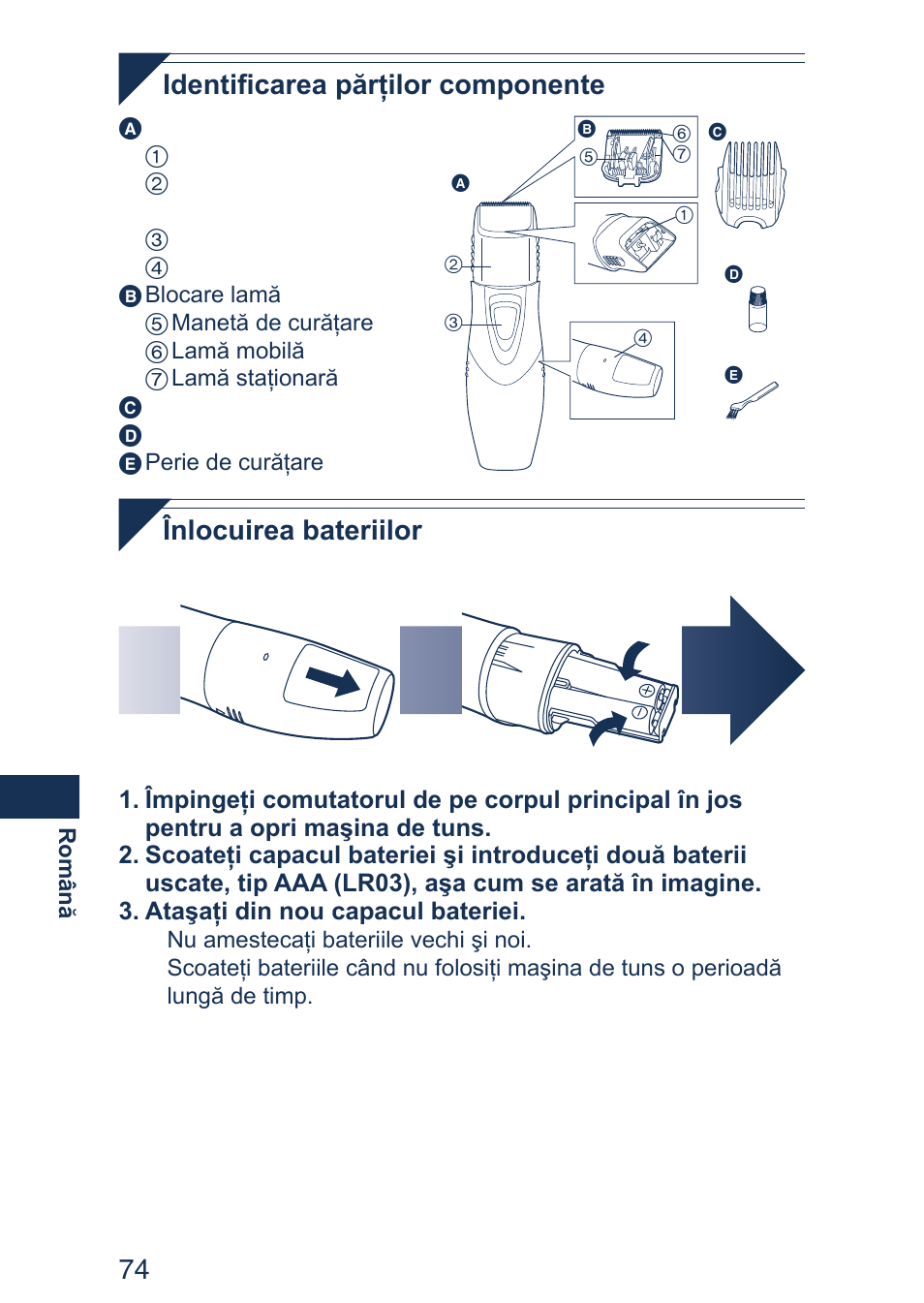 Identificarea părţilor componente, Înlocuirea bateriilor | Panasonic ER2403 User Manual | Page 74 / 104