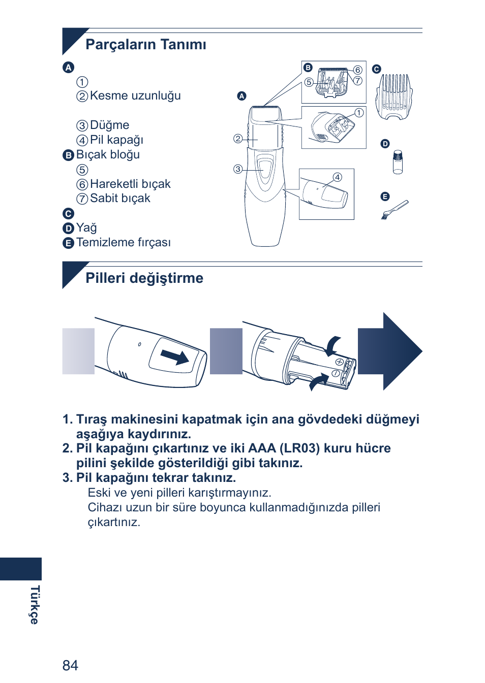 Parçaların tanımı, Pilleri değiştirme | Panasonic ER2403 User Manual | Page 84 / 104