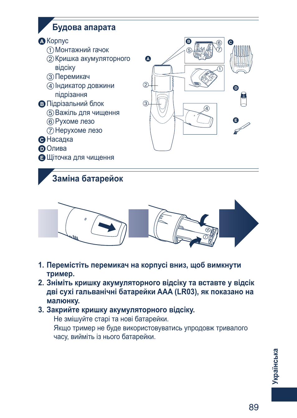 89 будова апарата, Заміна батарейок | Panasonic ER2403 User Manual | Page 89 / 104