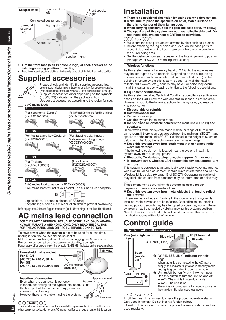 Control guide, Installation, Supplied accessories | Ac mains lead connection | Panasonic SBZT1 User Manual | Page 4 / 40