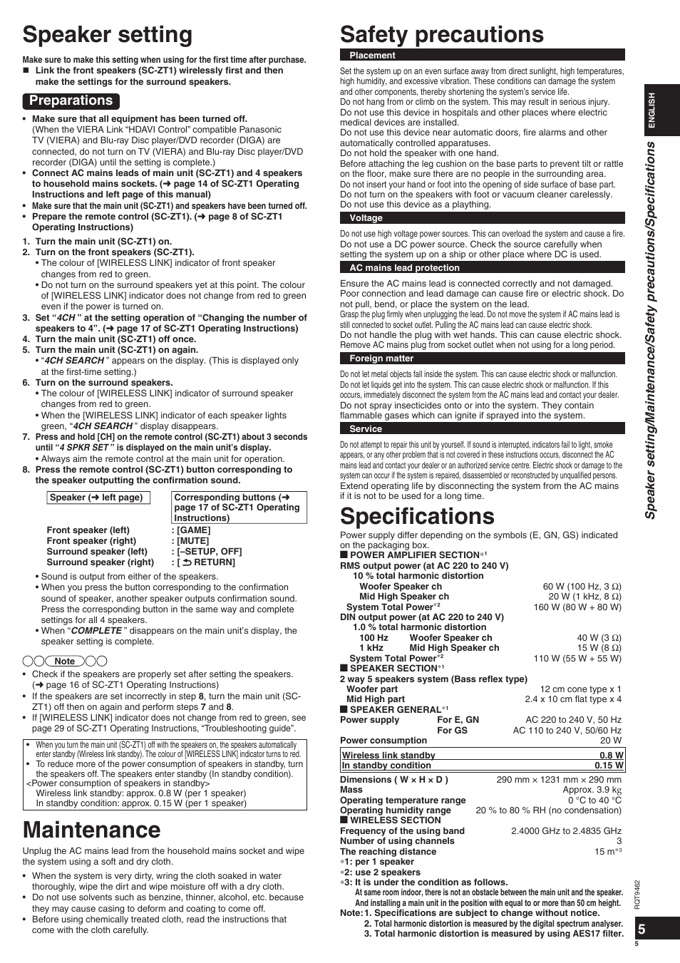 Speaker setting, Safety precautions, Specifi cations | Maintenance, Preparations | Panasonic SBZT1 User Manual | Page 5 / 40