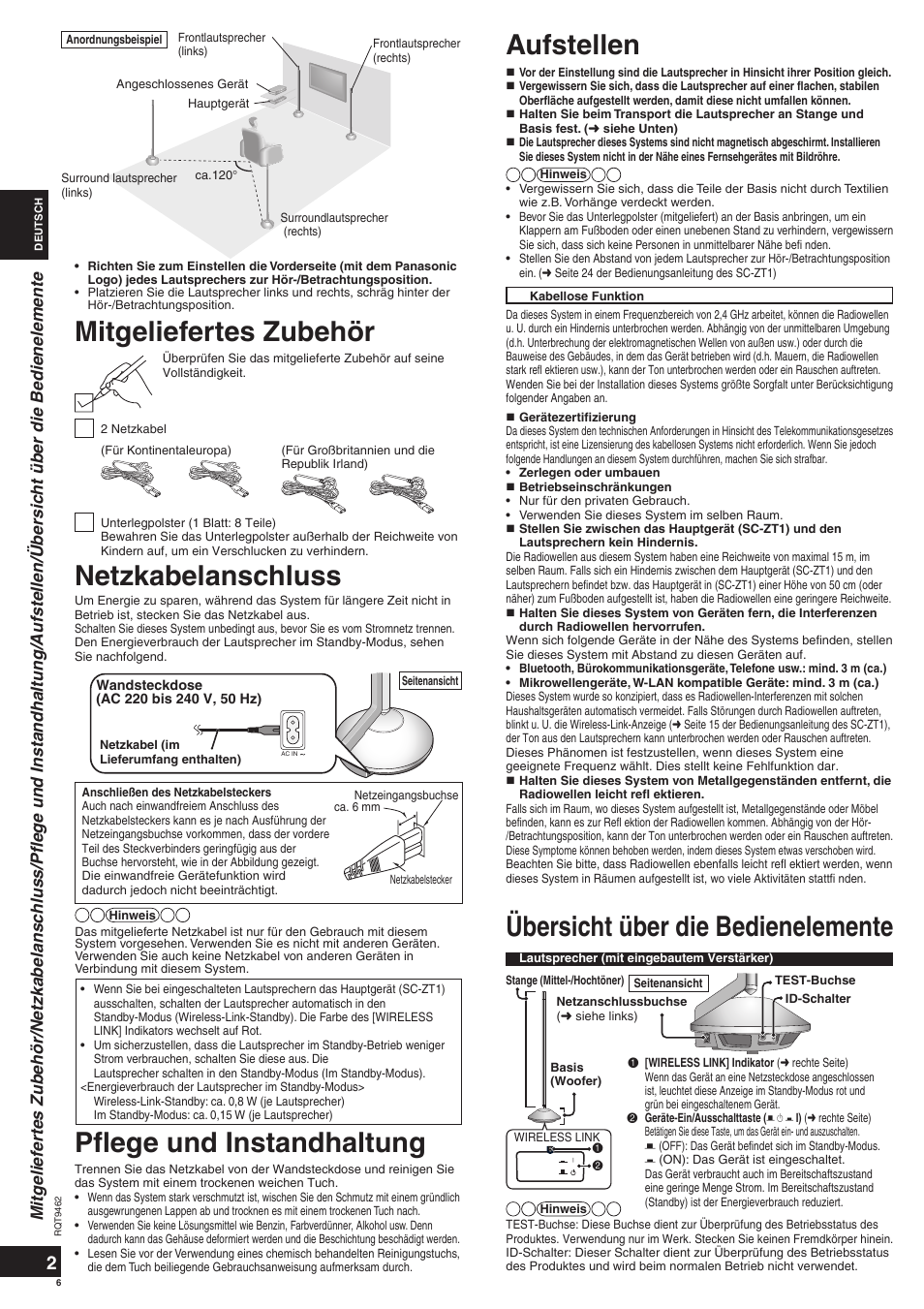 Netzkabelanschluss, Mitgeliefertes zubehör, Pfl ege und instandhaltung | Aufstellen, Übersicht über die bedienelemente | Panasonic SBZT1 User Manual | Page 6 / 40