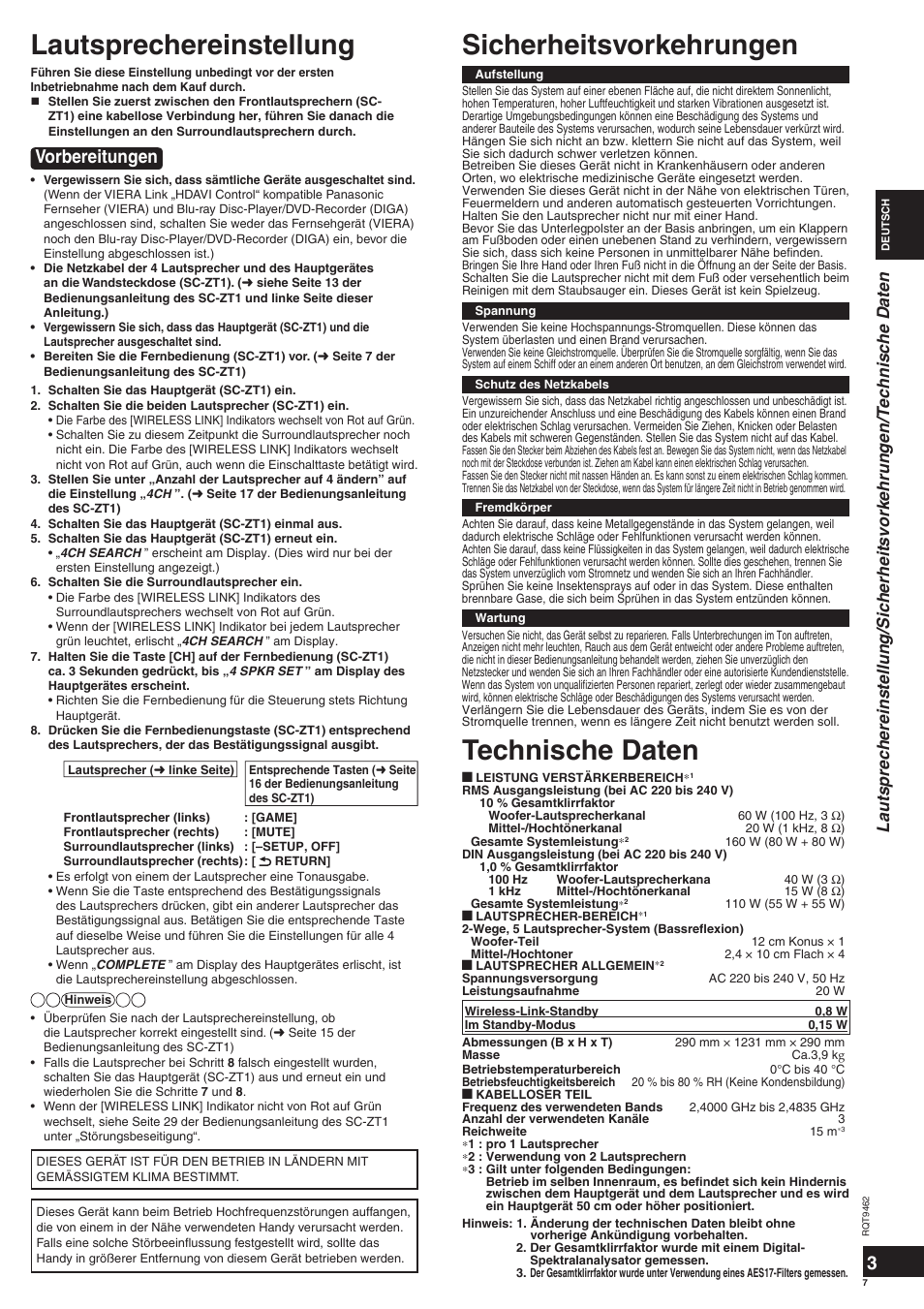 Lautsprechereinstellung sicherheitsvorkehrungen, Technische daten, Vorbereitungen | Panasonic SBZT1 User Manual | Page 7 / 40