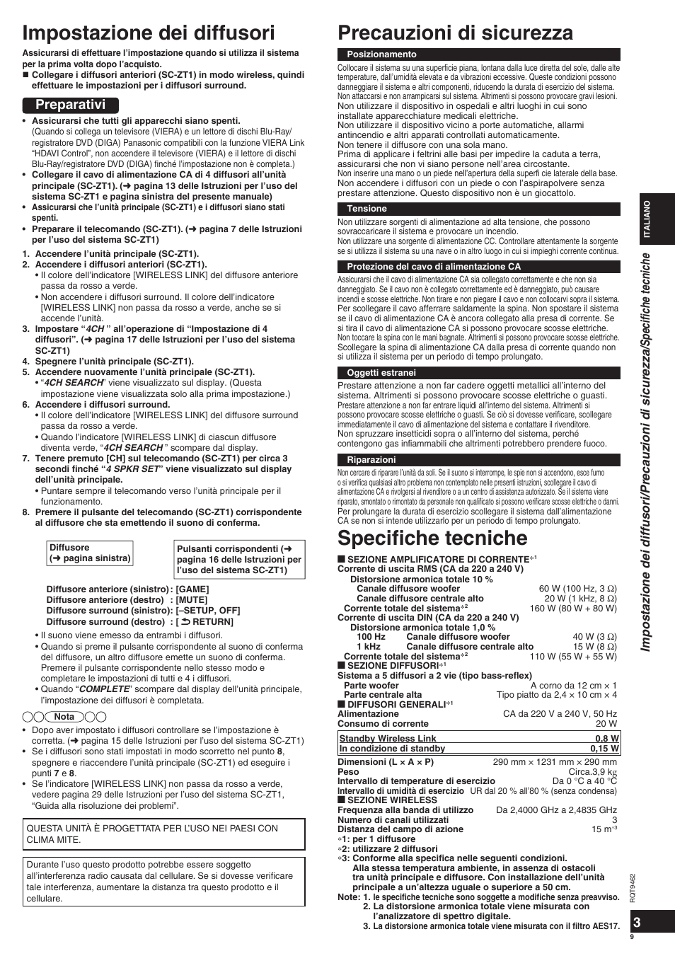 Specifi che tecniche, Preparativi | Panasonic SBZT1 User Manual | Page 9 / 40