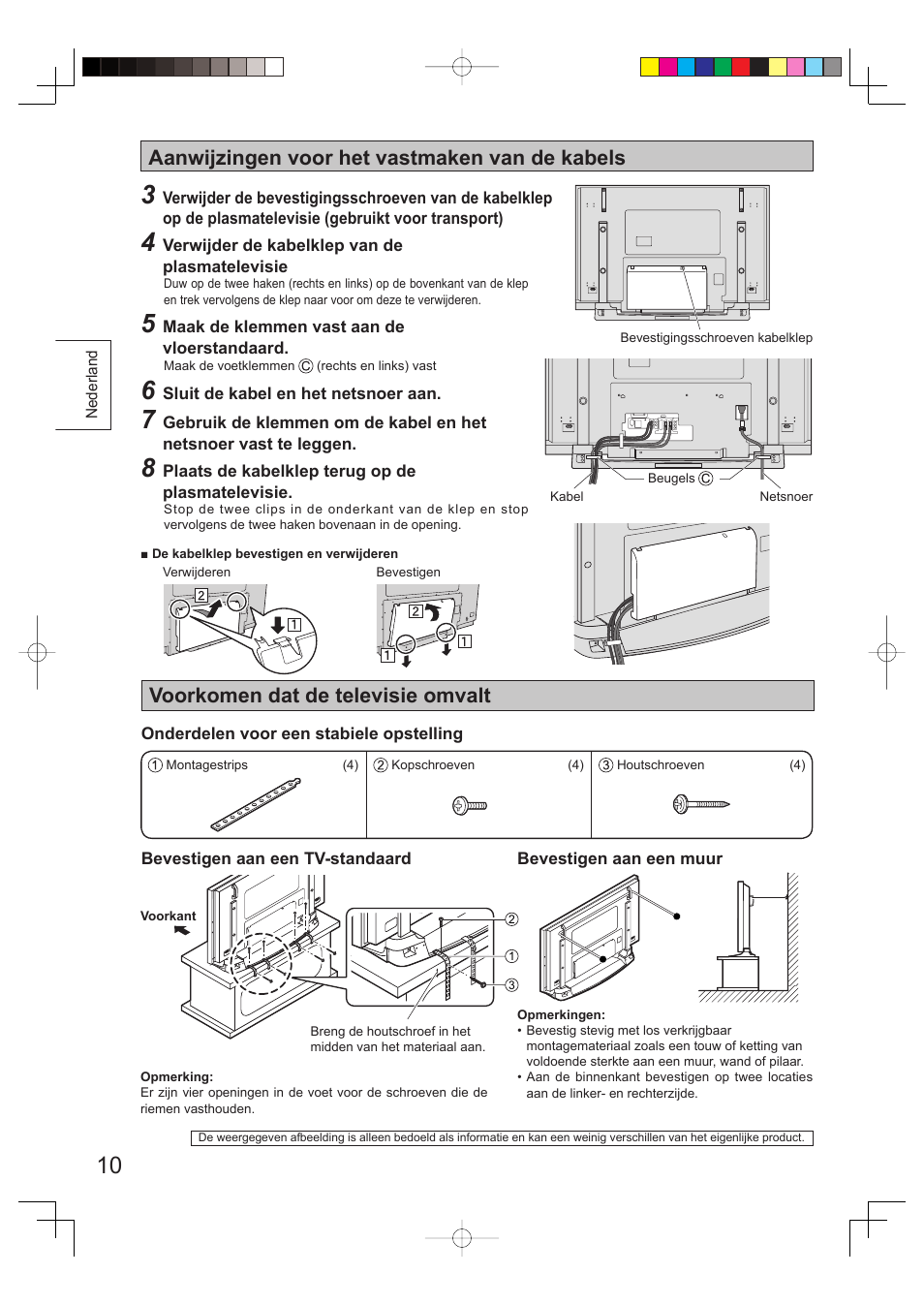 Voorkomen dat de televisie omvalt, Aanwijzingen voor het vastmaken van de kabels | Panasonic TYST65PV500 User Manual | Page 10 / 36
