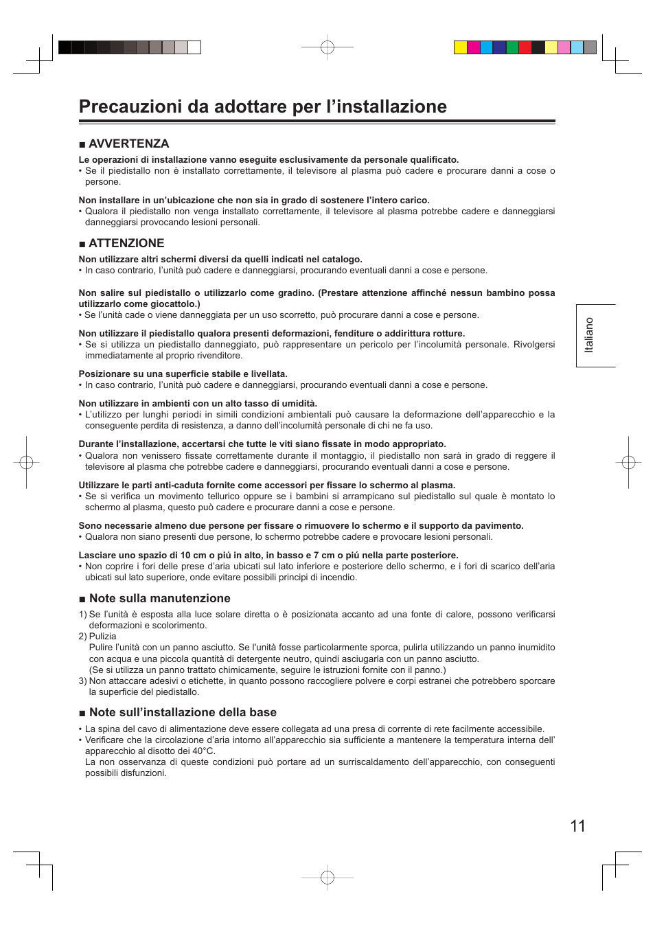 Precauzioni da adottare per l’installazione | Panasonic TYST65PV500 User Manual | Page 11 / 36