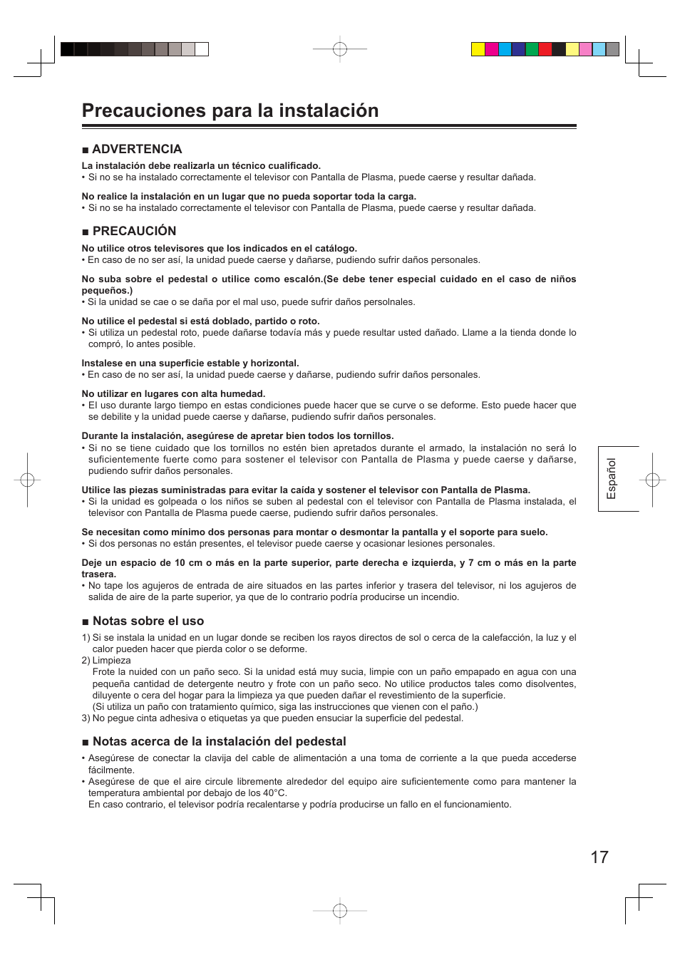 Precauciones para la instalación | Panasonic TYST65PV500 User Manual | Page 17 / 36