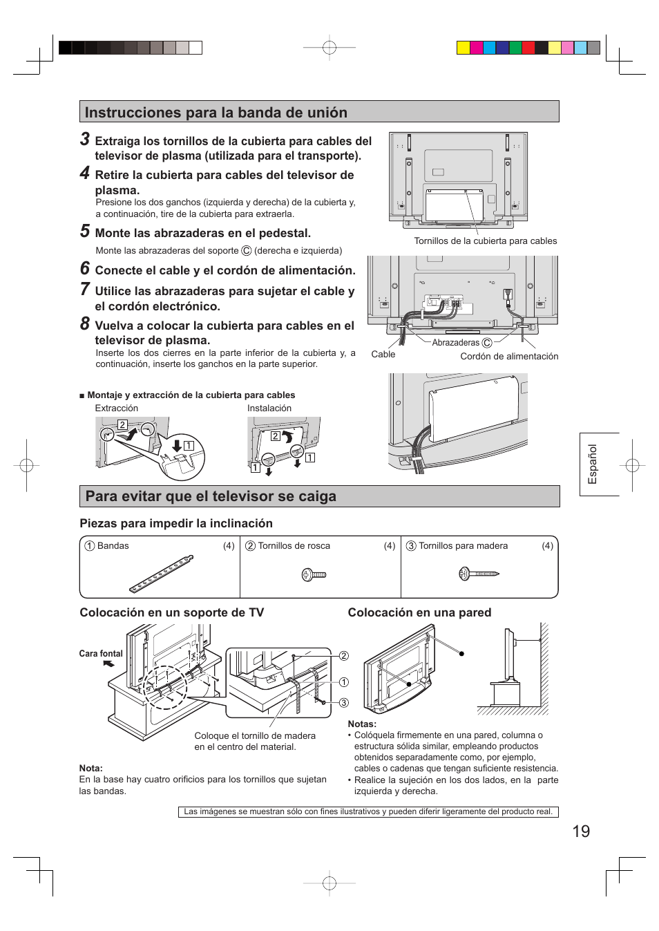 Instrucciones para la banda de unión, Para evitar que el televisor se caiga | Panasonic TYST65PV500 User Manual | Page 19 / 36