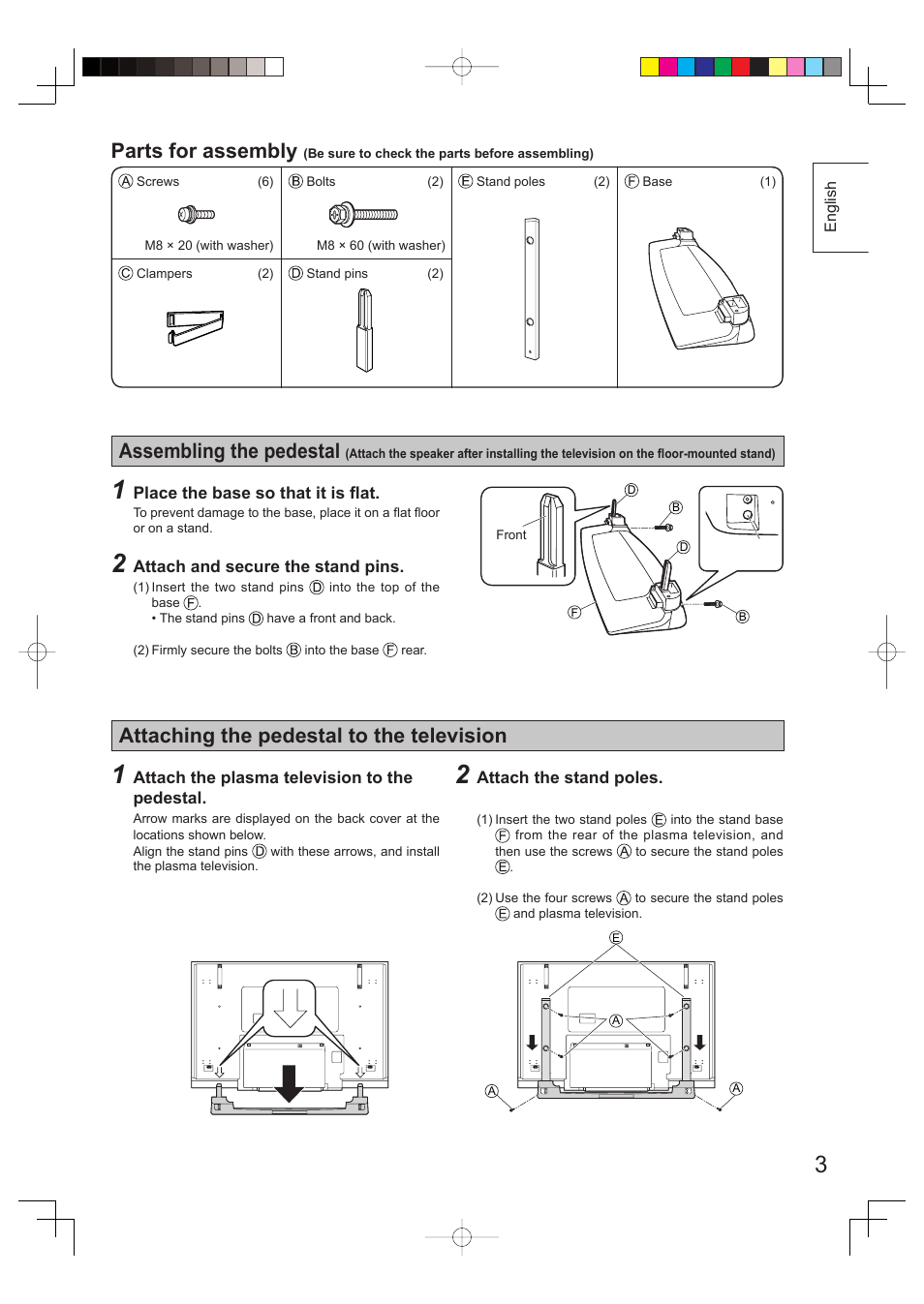 Parts for assembly, Assembling the pedestal, Attaching the pedestal to the television | Panasonic TYST65PV500 User Manual | Page 3 / 36