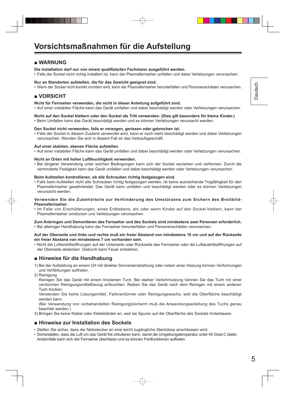 Vorsichtsmaßnahmen für die aufstellung | Panasonic TYST65PV500 User Manual | Page 5 / 36