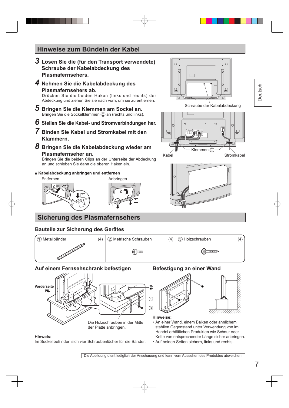 Hinweise zum bündeln der kabel, Sicherung des plasmafernsehers | Panasonic TYST65PV500 User Manual | Page 7 / 36