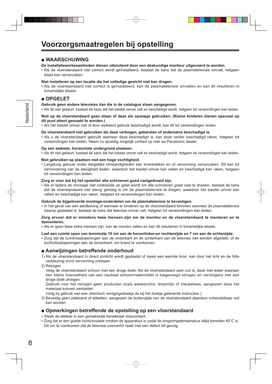 Voorzorgsmaatregelen bij opstelling | Panasonic TYST65PV500 User Manual | Page 8 / 36