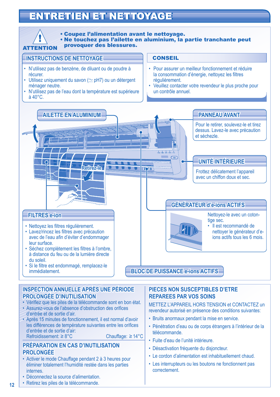 Entretien et nettoyage entretien et nettoyage | Panasonic CUE21HKE User Manual | Page 12 / 56