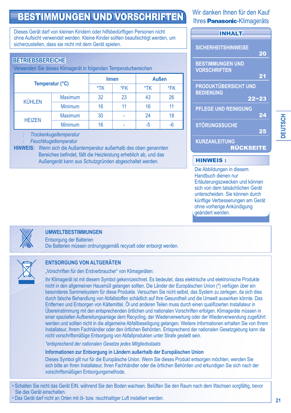 Bestimmungen und vorschriften, Wir danken ihnen für den kauf ihres -klimageräts | Panasonic CUE21HKE User Manual | Page 21 / 56
