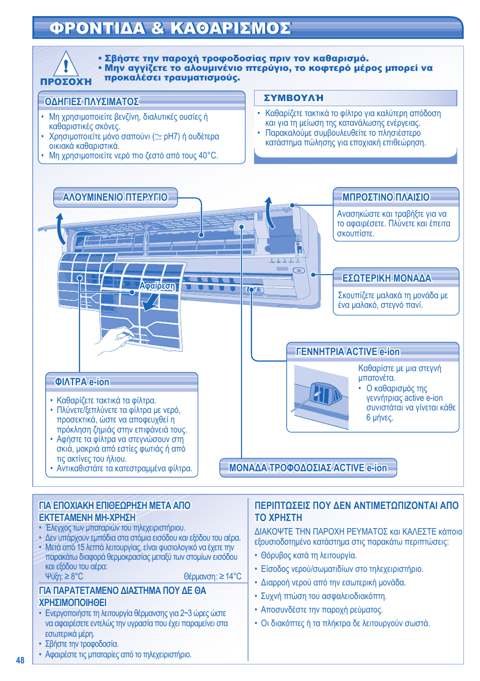 Φροντιδα & καθαρισμοσ | Panasonic CUE21HKE User Manual | Page 48 / 56