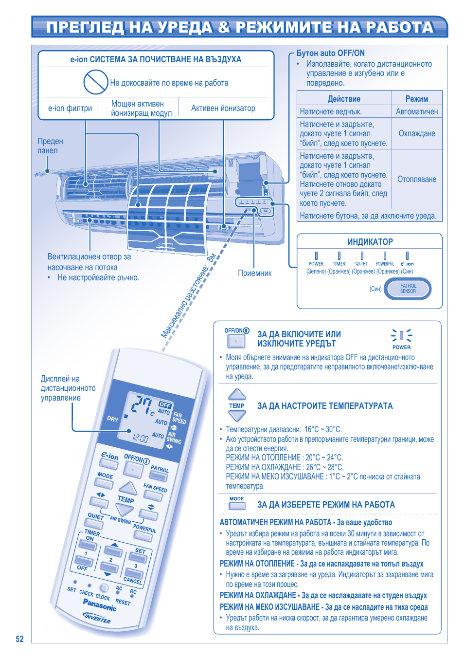 Преглед на уреда & режимите на работа | Panasonic CUE21HKE User Manual | Page 52 / 56