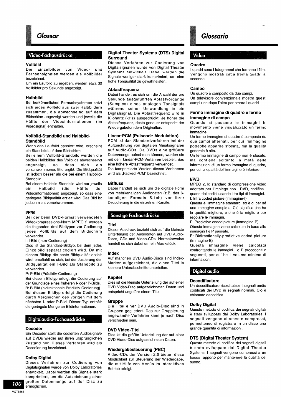 Video-fächdusdrücke, Vollbild, Halbbild | Vollbild-standbild und halbbild- standbild, I/p/b, Digitalaudio-fachausclrücke, Decoder, Dolby digital, Digital theater systems (dts) digital surround, Abtastfrequenz | Panasonic DVDA10 User Manual | Page 100 / 108
