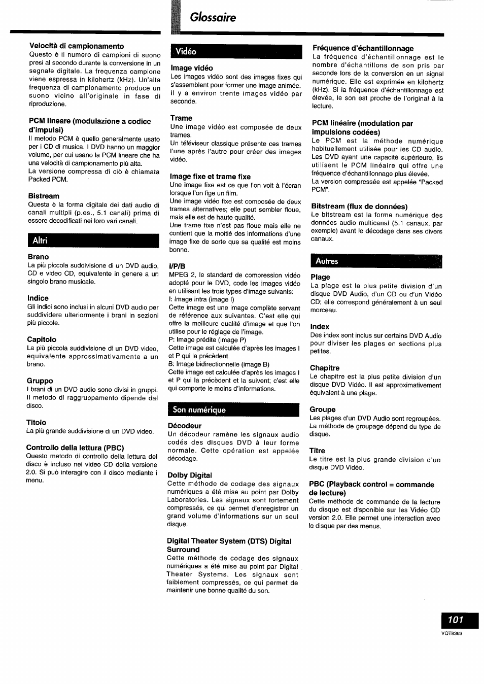 Velocità di campionamento, Pcm lineare (modulazione a codice d’impulsi), Bistream | Brano, Indice, Capitolo, Gruppo, Titolo, Controllo della lettura (pbc), Image vidéo | Panasonic DVDA10 User Manual | Page 101 / 108