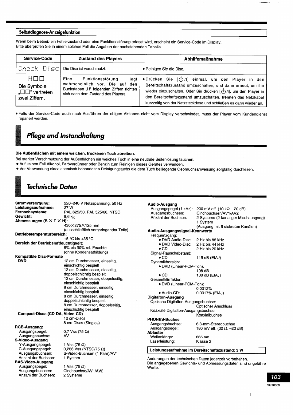 Selbstdiagnose-anzeigefunktion, Audio-ausgang, Pflege und instandhaltung | Technische daten | Panasonic DVDA10 User Manual | Page 103 / 108