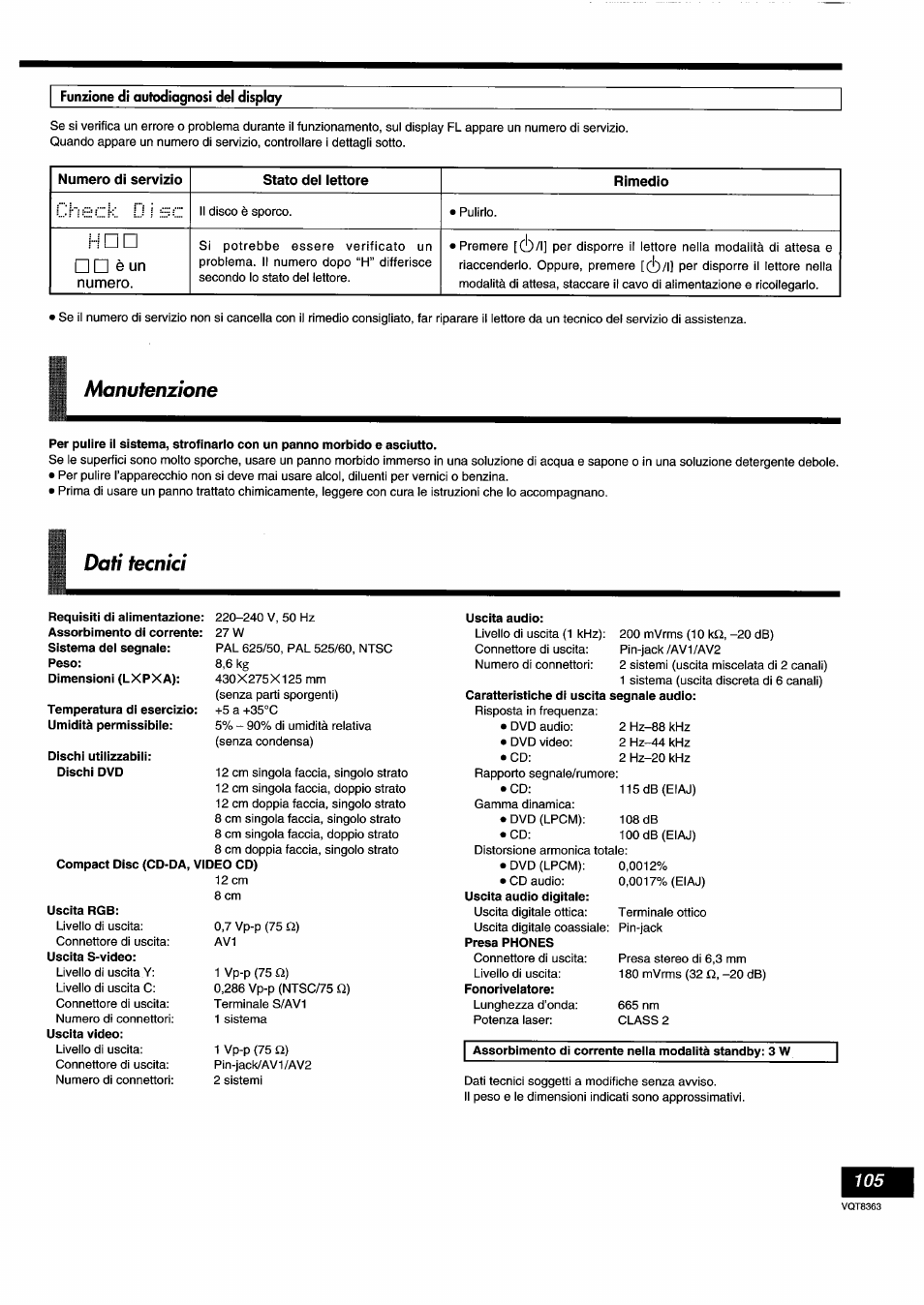 Funzione di aulodiagnosi del display, Temperatura di esercizio: umidità permissibile, Dischi utilizzabili | Uscita audio, Manutenzione, Dati tecnici | Panasonic DVDA10 User Manual | Page 105 / 108