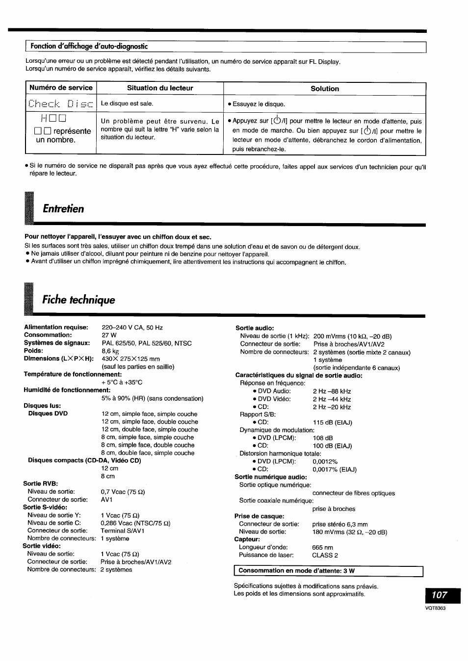Fonction d'affichage d'auto-diagnostic, Sortie audio, Entretien | Fiche technique | Panasonic DVDA10 User Manual | Page 107 / 108