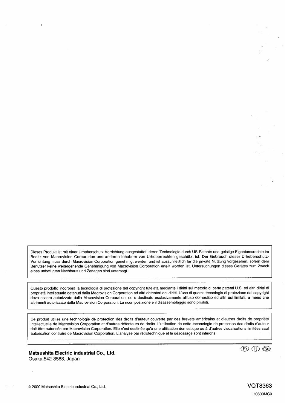 Matsushita electric industrial co., ltd, Osaka 542-8588, japan, Fr) cd @) | Vqt8363 | Panasonic DVDA10 User Manual | Page 108 / 108