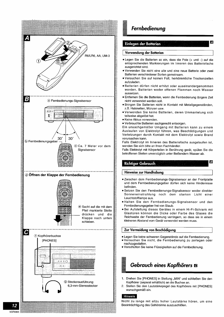 Öffnen der klappe der fernbedienung, Einlegen der batterien, Verwendung der batterien | Richtiger gebrauch, Hinweise zur handhabung, Zur vermeidung von beschädigung, Fernbedienung, Gebrauch eines kopfhörers | Panasonic DVDA10 User Manual | Page 12 / 108